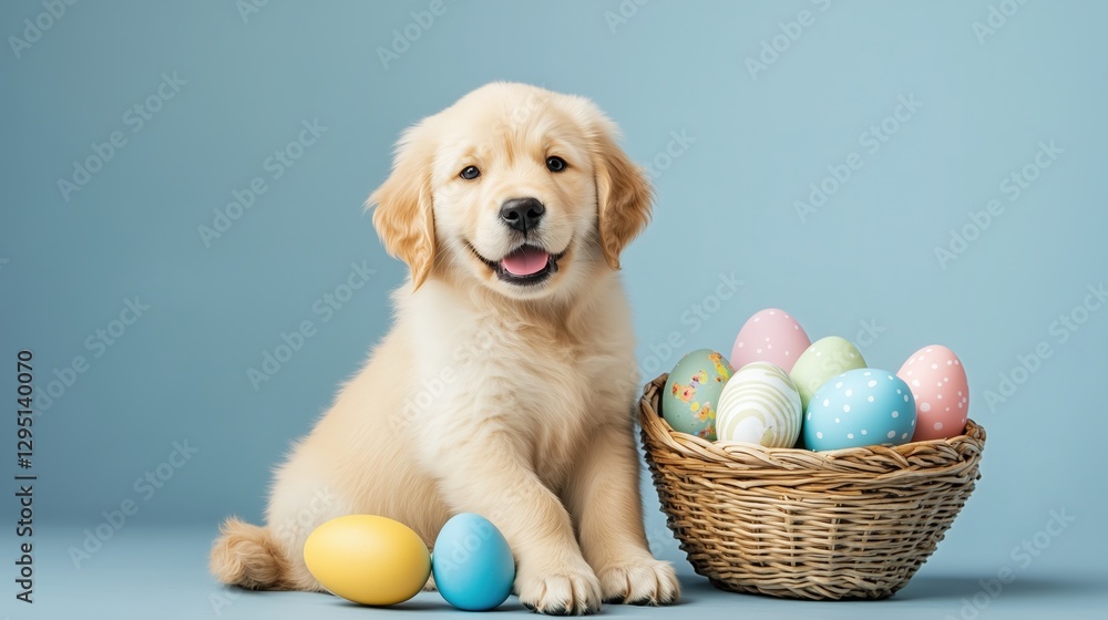A playful golden retriever puppy sitting next to a basket of Easter eggs