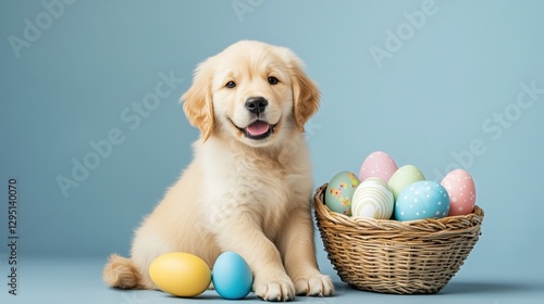 Obraz na płótnie A playful golden retriever puppy sitting next to a basket of Easter eggs w salonie