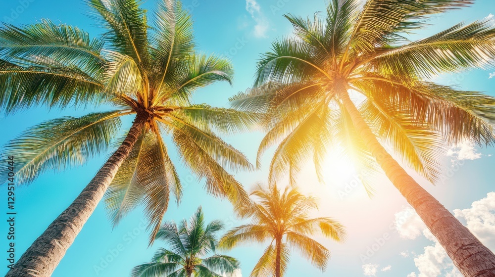 Fototapeta premium Sunlight filters through graceful araffe palm trees, creating a serene and tropical atmosphere in this vibrant landscape.