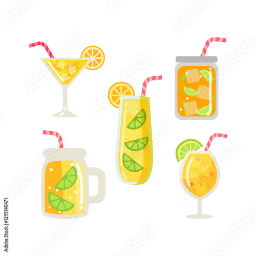 Orange and Lime juice bottle, glass, pack set. Flat vector illustration isolated background.