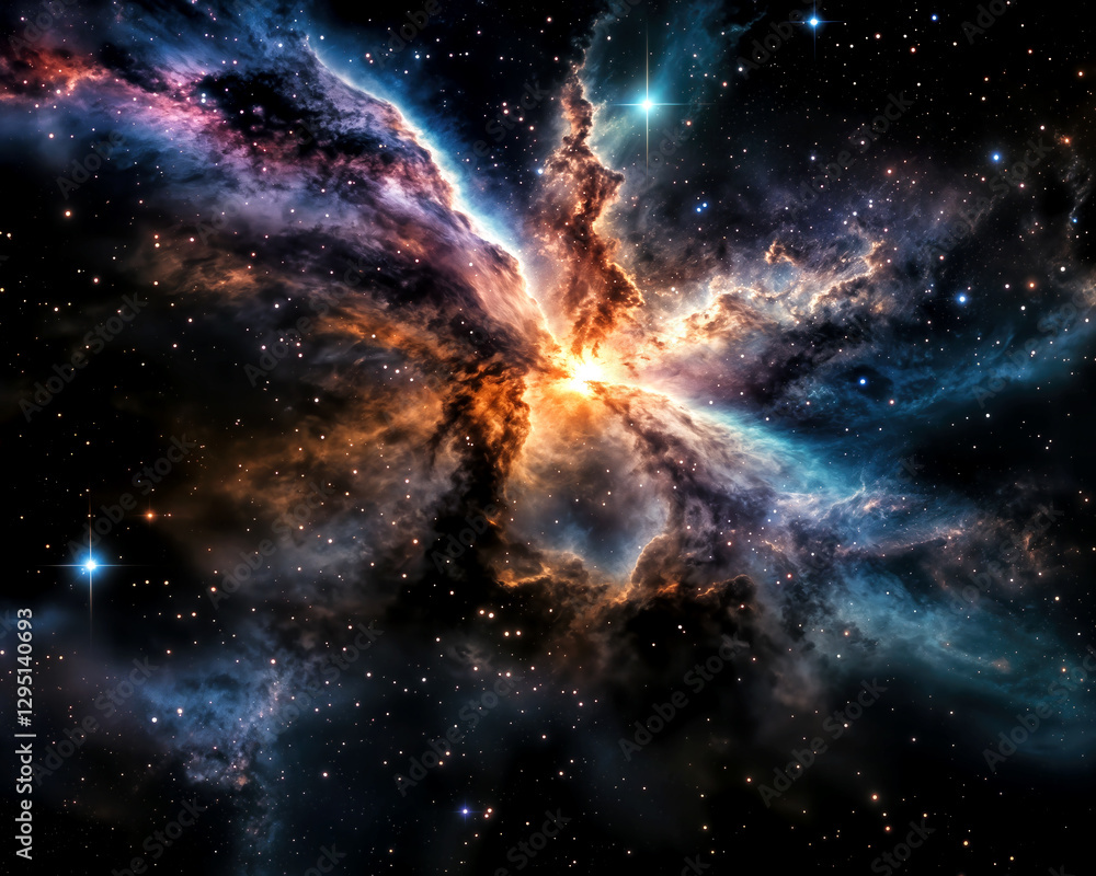 Obraz premium A brilliant cosmic explosion is taking place amidst the rich expanse of outer space, showcasing vibrant colors and intricate patterns in a stunning display of celestial energy.