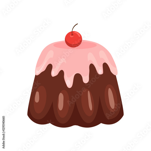 Pudding chocolate with strawberry sauce and cherry on top. Flat vector illustration