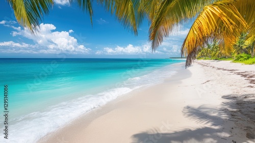 Wallpaper Mural A tranquil beach scene featuring a palm tree with a vibrant blue ocean stretching into the distance under a clear sky. Torontodigital.ca