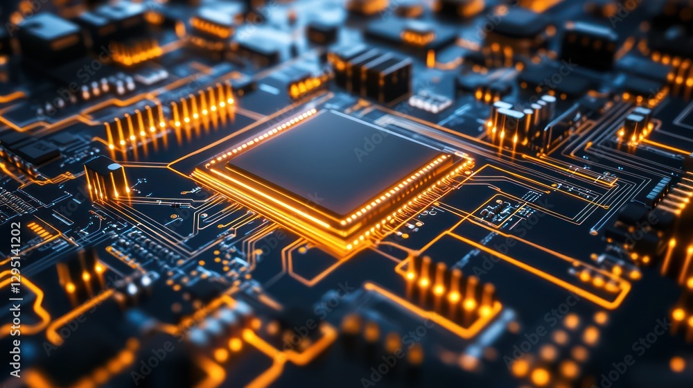 Illuminated CPU on circuit board, technology background Illuminated CPU on circuit board, technology background