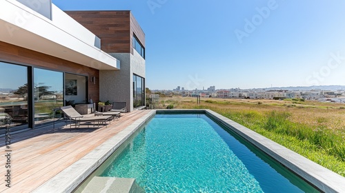 Modern house with pool overlooking city