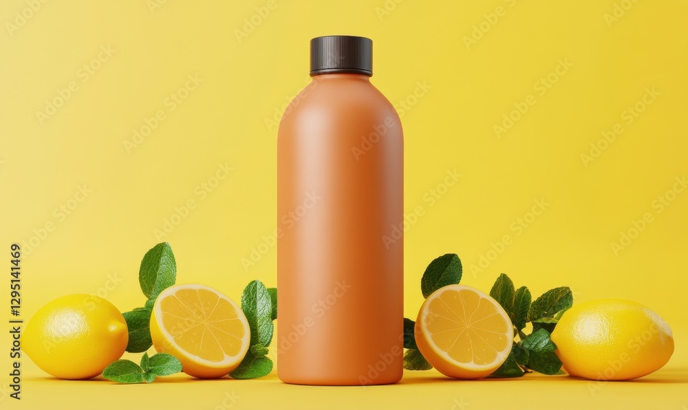 Orange bottle with lemons on yellow background for product mockup Orange bottle with lemons on yellow background for product mockup