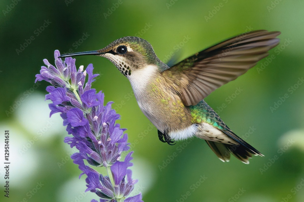 Fototapeta premium Hummingbird feeding on lavender, garden background, nature photography (1)