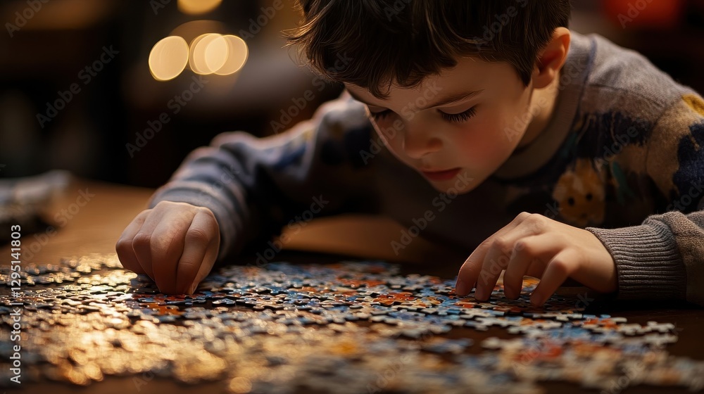 A young boy focuses intently while completing a jigsaw puzzle A young boy focuses intently while completing a jigsaw puzzle