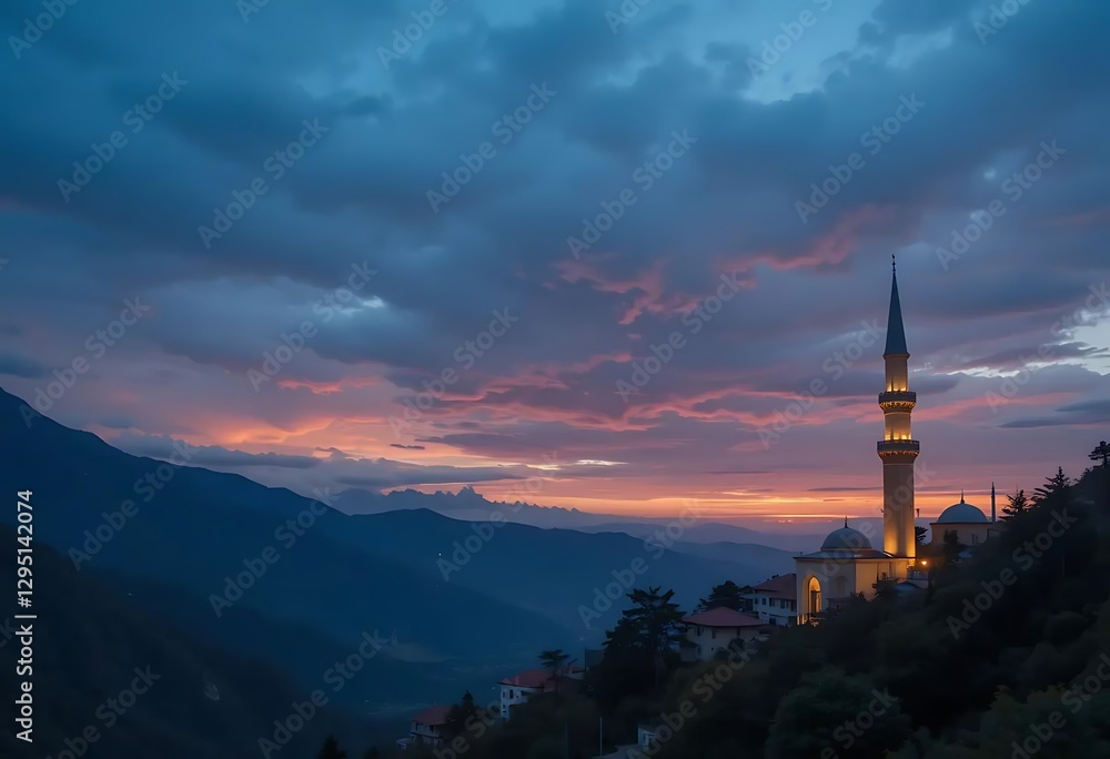 Obraz premium Mountaintop Mosque at Sunset: Serene Twilight Landscape