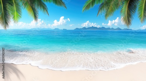 Fototapeta Naklejka Na Ścianę i Meble -  A serene beach scene featuring swaying palm trees alongside a tranquil ocean, perfect for relaxation and tropical vibes.