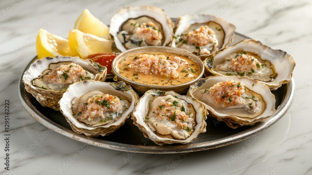 Half Shell Oysters Served with Sauces and Lemon Wedges Half Shell Oysters Served with Sauces and Lemon Wedges