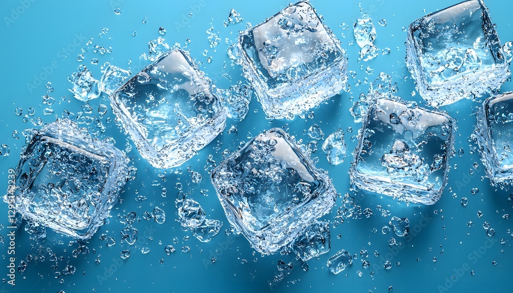 Transparent ice cubes with water droplets on a blue background Transparent ice cubes with water droplets on a blue background