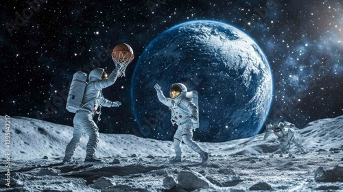 Astronauts playing antigravity basketball on the moon outer space digital art sci-fi dynamic viewpoint fun concept