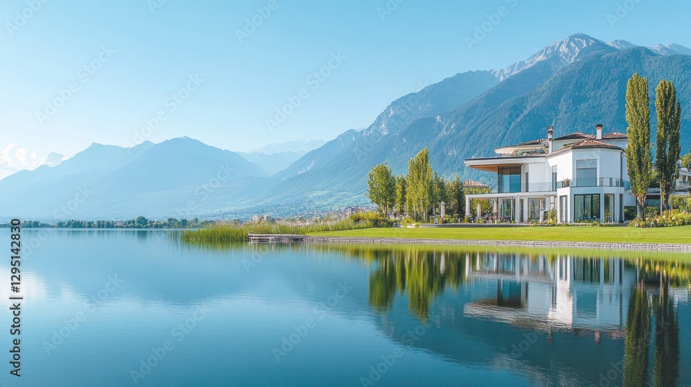 Obraz premium Luxury Lakeside Villa with Mountain Views