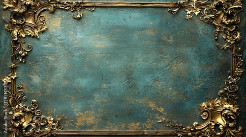 Ornate Golden Frame on Textured Teal Background for Artwork Display