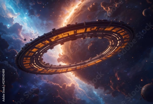 Massive Circular Space Station Orbiting a Distant Planet