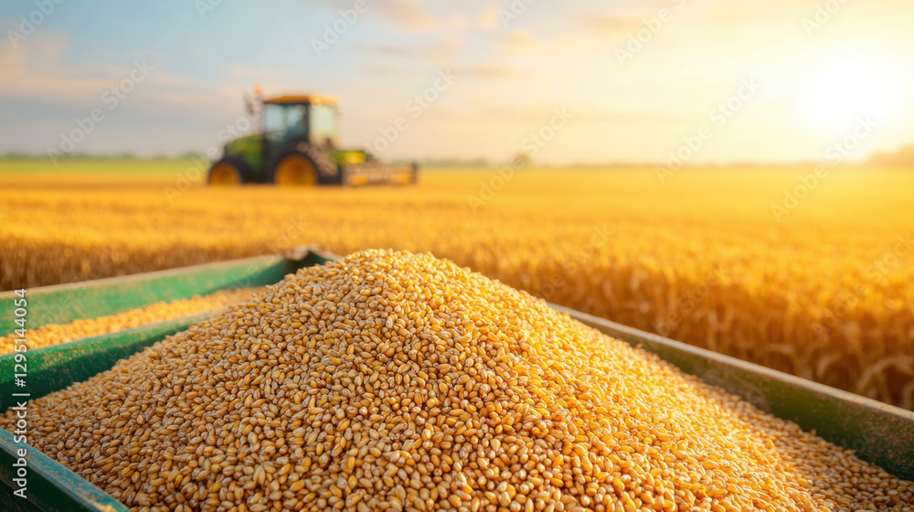 Obraz premium large pile of golden wheat kernels fills green cart, with tractor in background under bright sunset. scene captures essence of harvest season and agricultural abundance