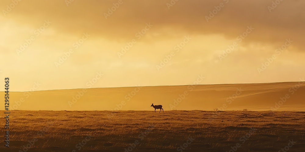 Obraz premium A lone deer crossing the moors in the soft evening light.