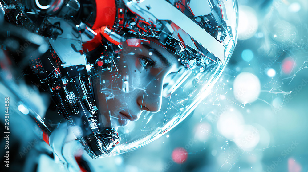 Futuristic astronaut with high tech helmet, showcasing advanced technology and sleek design, set against vibrant background Futuristic astronaut with high tech helmet, showcasing advanced technology and sleek design, set against vibrant background