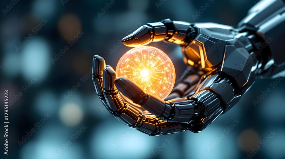 Robotic Hand Holding a Glowing Orb - Close-Up Robotic Hand Holding a Glowing Orb - Close-Up