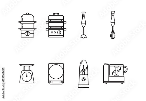 シンプルなキッチン調理家電の線画イラストセット