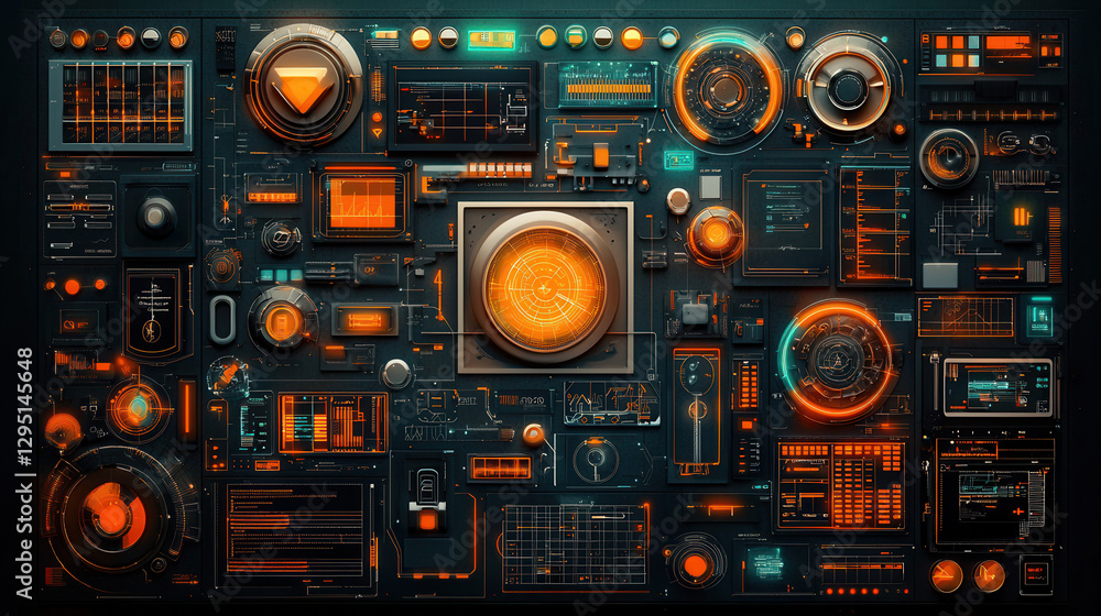 Obraz premium Digital interface with glowing orange and blue elements, showcasing futuristic technology and data visualization