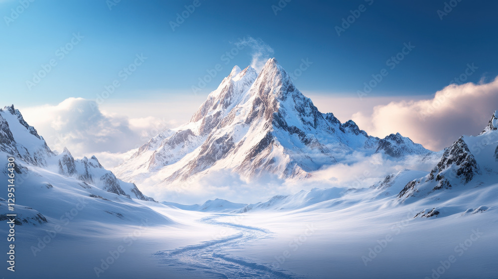 Obraz premium Majestic mountain peak surrounded by snow covered landscape and clouds, showcasing winding trail through winter scenery