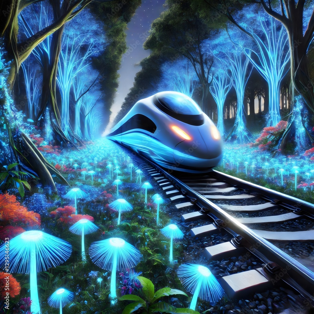 High-Speed Train in Forest with Glowing Mushrooms - Fantasy High-Speed Train in Forest with Glowing Mushrooms - Fantasy