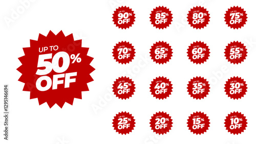 Sticker star burst, promo badge round shape. Special offer discount on red tags with different value percent off 90, 85, 80, 75, 70, 65, 60, 55, 50, 45, 40, 35, 30, 25, 20, 15, and 10% price reduction
