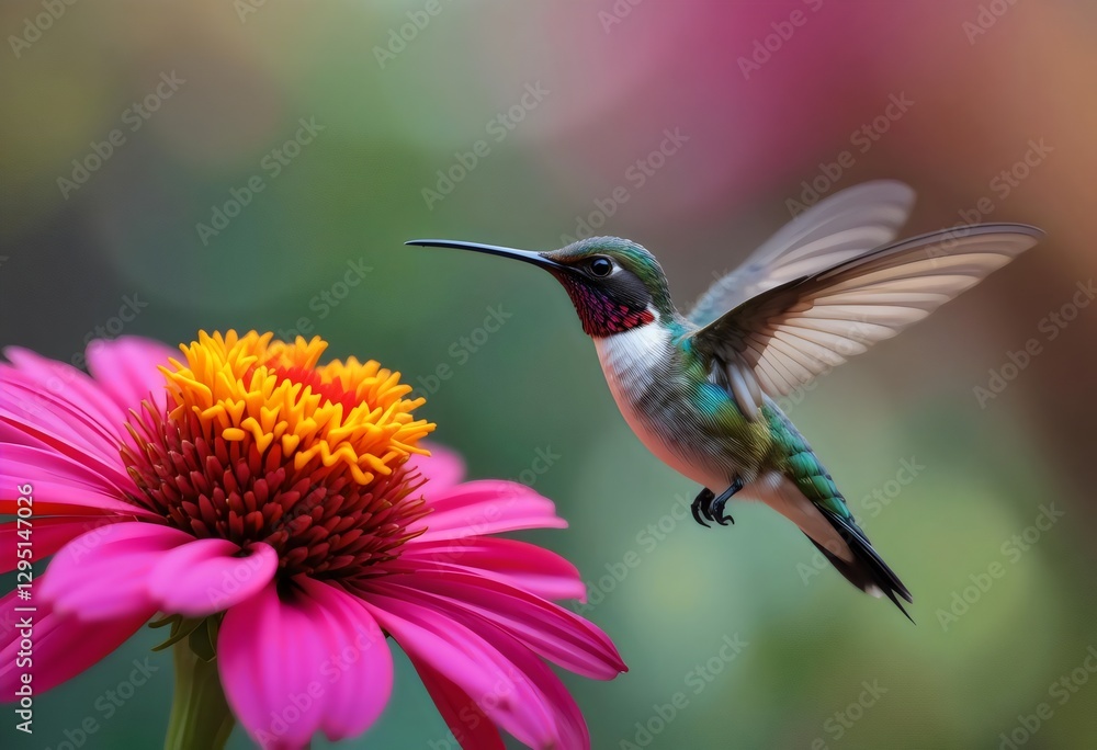 Hummingbird Flying Near Pink and Yellow Flower - Close-Up Hummingbird Flying Near Pink and Yellow Flower - Close-Up