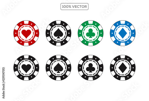 Poker chips black icons vector set. Playing poker concept. Isolated Casino poker chip logo. Poker symbols Flat vector illustration