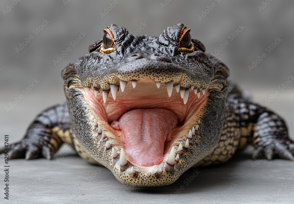 Obraz premium Close-up of an Alligator Opening Its Mouth with Sharp Teeth Displayed on Neutral Background