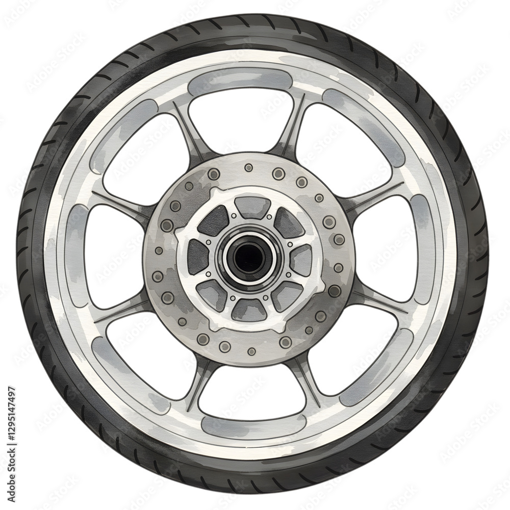 Obraz premium Detailed Motorcycle Wheel Illustration Silver Spoke Design Rim Tire Disc Part Grey Brake Metal Black