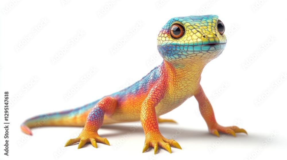 Fototapeta premium Colorful Lizard Looking Up on White Background