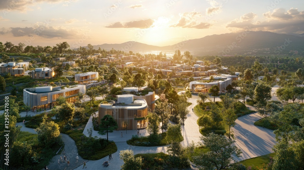 Fototapeta premium A visionary smart city with interconnected technology, emphasizing eco-friendly solutions and digital protection.