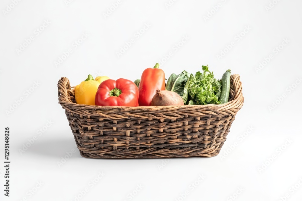 Fototapeta premium Fresh vegetables in wicker basket, white background, healthy eating