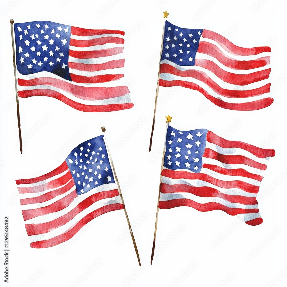 Obraz premium A vibrant collection of American flags, featuring a watercolor style. Perfect for patriotic themes and celebrations.