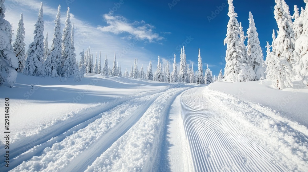 Obraz premium A winter paradise with pristine ski tracks leading through powdery snow, set against a peaceful alpine backdrop.