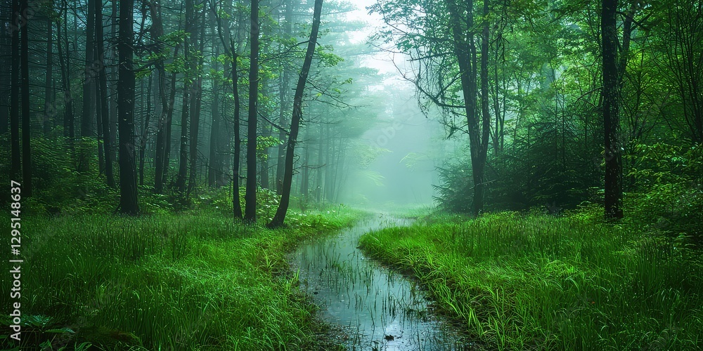 Fototapeta premium A mystical forest clearing bathed in morning dew and fog