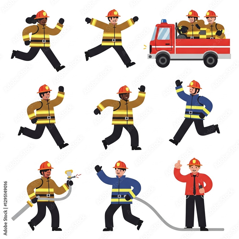 Illustrated Collection of Firefighters in Action with Fire Truck and Equipment, Perfect for Safety and Emergency Services Themes Illustrated Collection of Firefighters in Action with Fire Truck and Equipment, Perfect for Safety and Emergency Services Themes