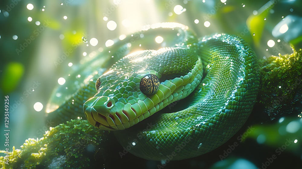 Fototapeta premium Green tree python rainforest sunlit foliage closeup
