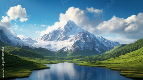 stunning mountain landscape featuring snow capped peaks, lush green valleys, and serene lake reflecting sky. This pristine environment evokes sense of tranquility and natural beauty