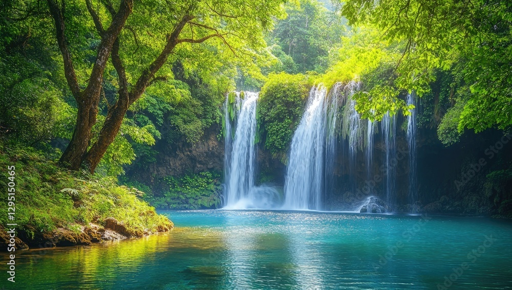 Lush waterfall in a tranquil forest Lush waterfall in a tranquil forest