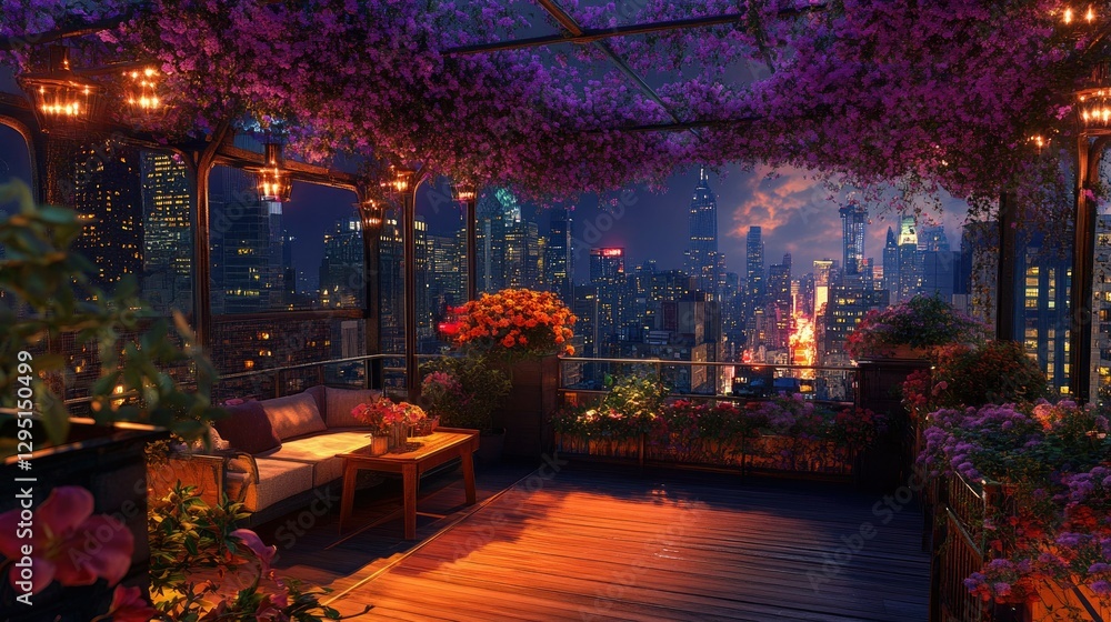 Naklejka premium Beautiful rooftop lounge with flowers and soft lighting, creating a serene retreat above the bustling city.