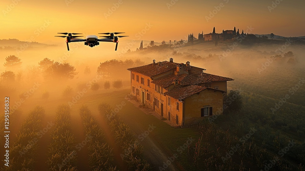 Fototapeta premium Drone flies over Italian estate at sunrise
