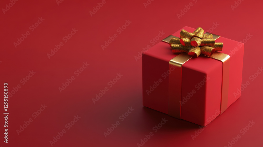 Fototapeta premium red gift box with golden bow sits on matching red background, creating festive and cheerful atmosphere perfect for celebrations