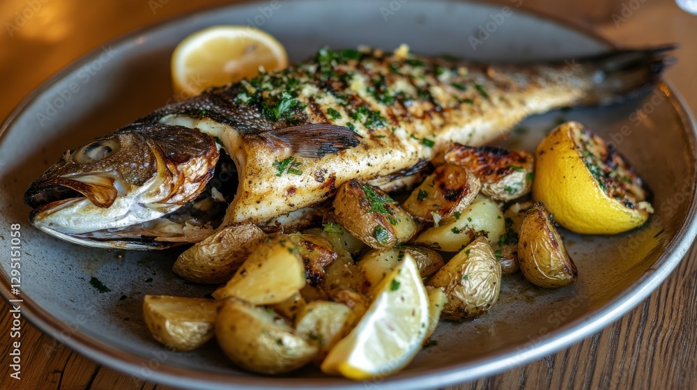 Whole Fish with Roasted Potatoes and Lemon Wedges Whole Fish with Roasted Potatoes and Lemon Wedges