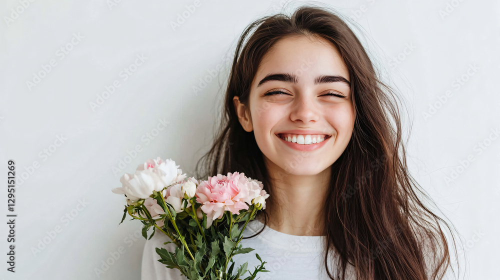 Woman elegantly holding a colorful bouquet of fresh flowers while smiling brightly in a sunlit outdoor setting Woman elegantly holding a colorful bouquet of fresh flowers while smiling brightly in a sunlit outdoor setting