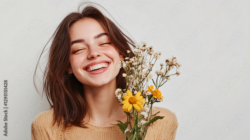 Elegant woman holding a colorful bunch of fresh flowers in her hands with a warm smile against a bright background Elegant woman holding a colorful bunch of fresh flowers in her hands with a warm smile against a bright background