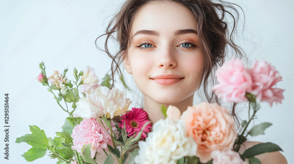 Elegant woman holding a beautiful bouquet of colorful flowers symbolizing joy and freshness in a natural setting Elegant woman holding a beautiful bouquet of colorful flowers symbolizing joy and freshness in a natural setting